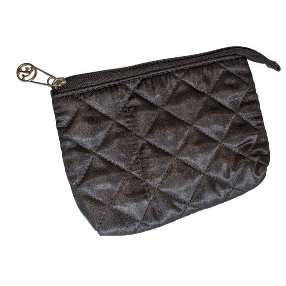 Quilted Black Satin Zippered Coin Pouch With Wrist Strap & Charming Metal Pull - Picture 1 of 5